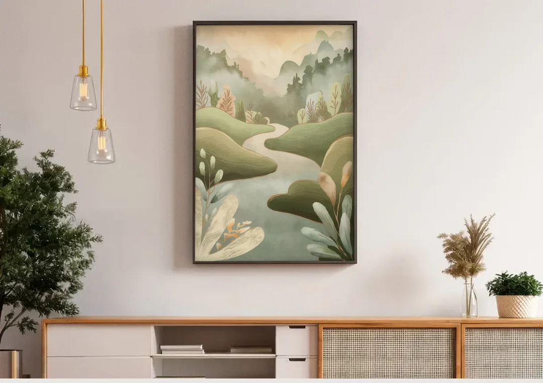 Boise Nature Escape Wilderness canvas wall art above a wooden sideboard under pendant lights
