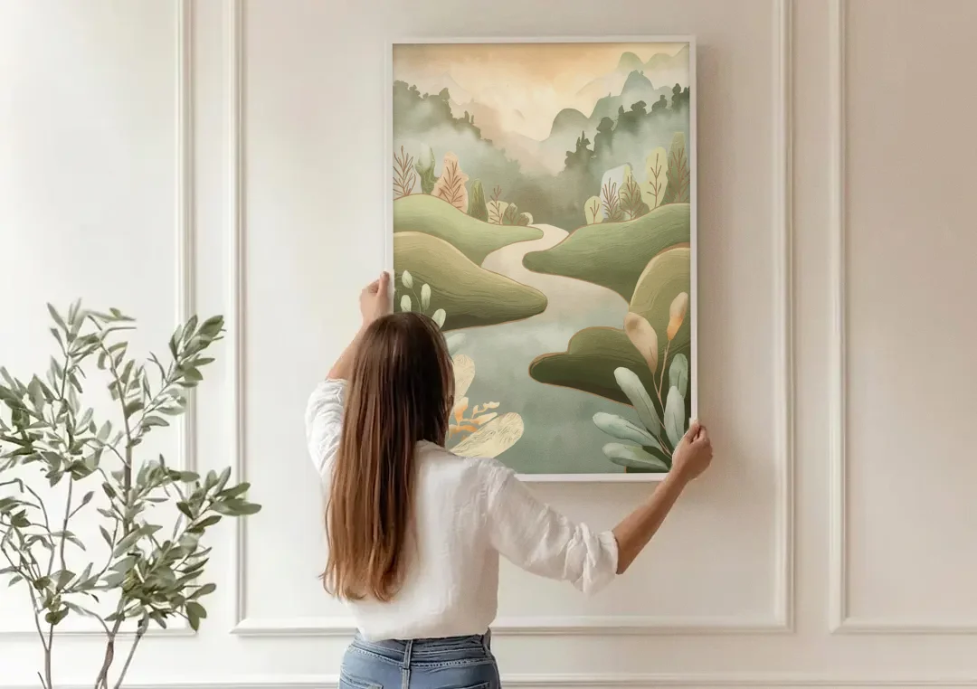 Boise Nature Escape Wilderness canvas wall art being hung on a paneled wall