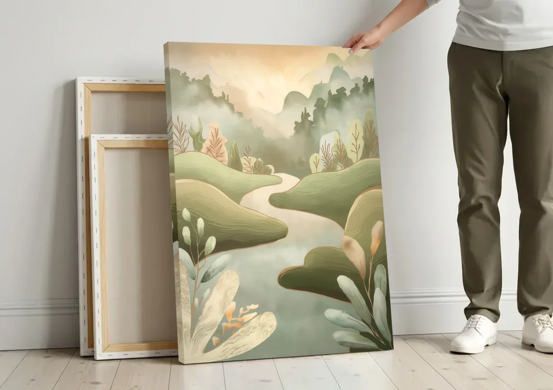 Boise Nature Escape Wilderness canvas wall art leaning against a wall next to blank canvases