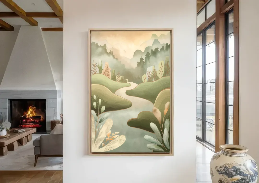 Boise Nature Escape Wilderness canvas wall art in a living room with a fireplace