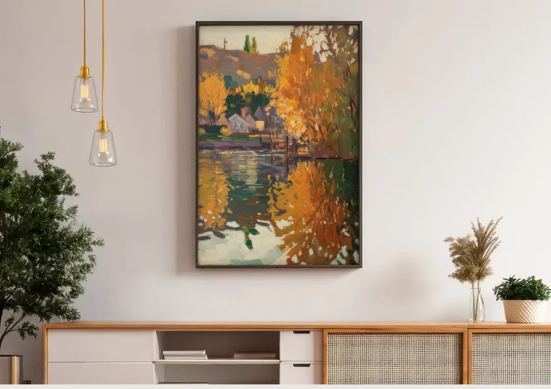 Boise Riverfront Scene canvas wall art above a wooden sideboard under pendant lights