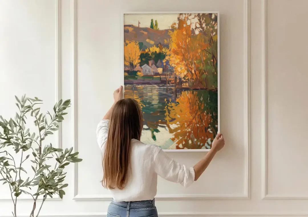 Boise Riverfront Scene canvas wall art being hung on a paneled wall
