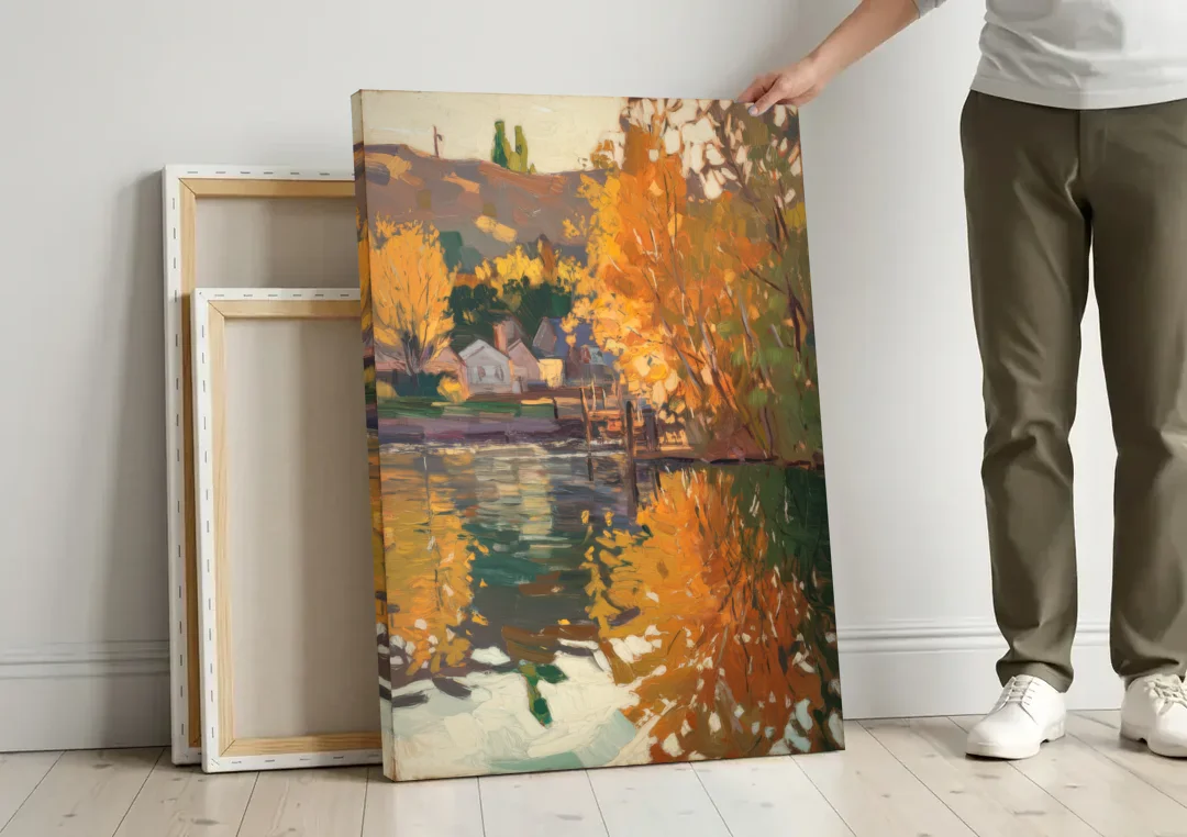 Boise Riverfront Scene canvas wall art leaning against a wall next to blank canvases