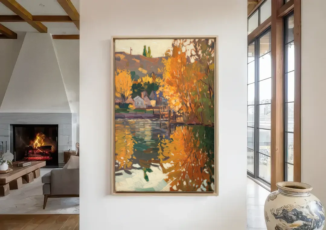 Boise Riverfront Scene canvas wall art in a living room with a fireplace
