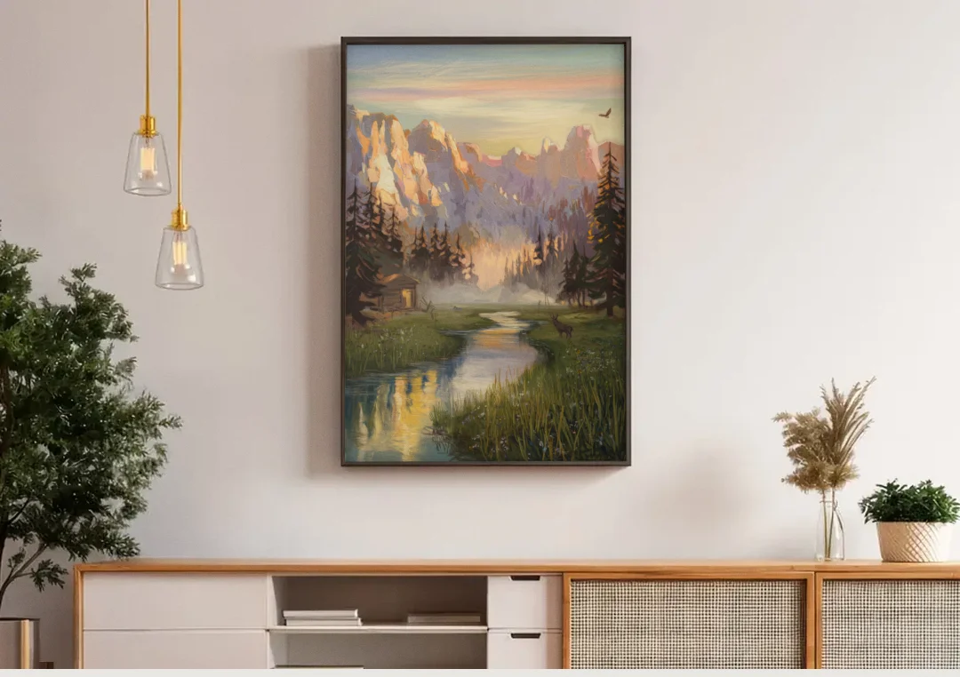 Boise Scenic Outdoors canvas wall art above a wooden sideboard under pendant lights