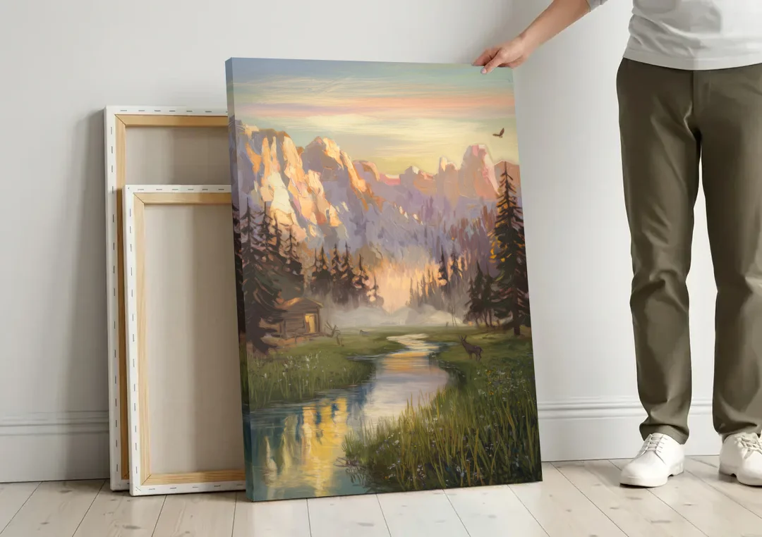 Boise Scenic Outdoors canvas wall art leaning against a wall next to blank canvases