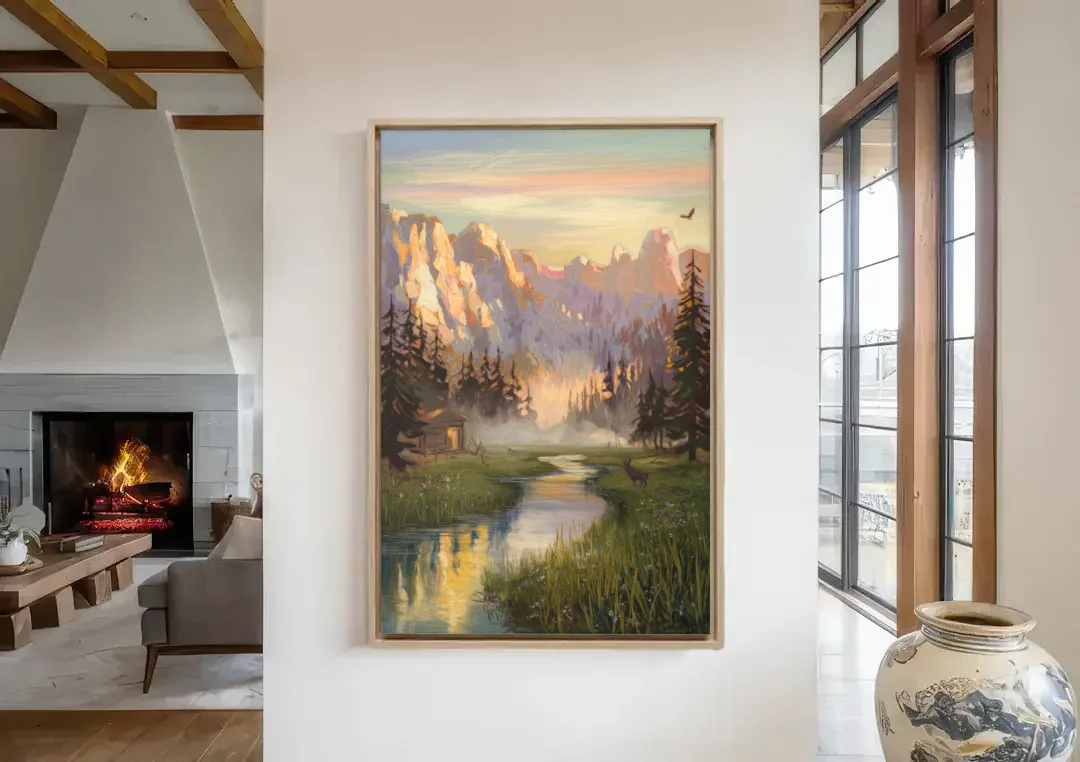 Boise Scenic Outdoors canvas wall art in a living room with a fireplace