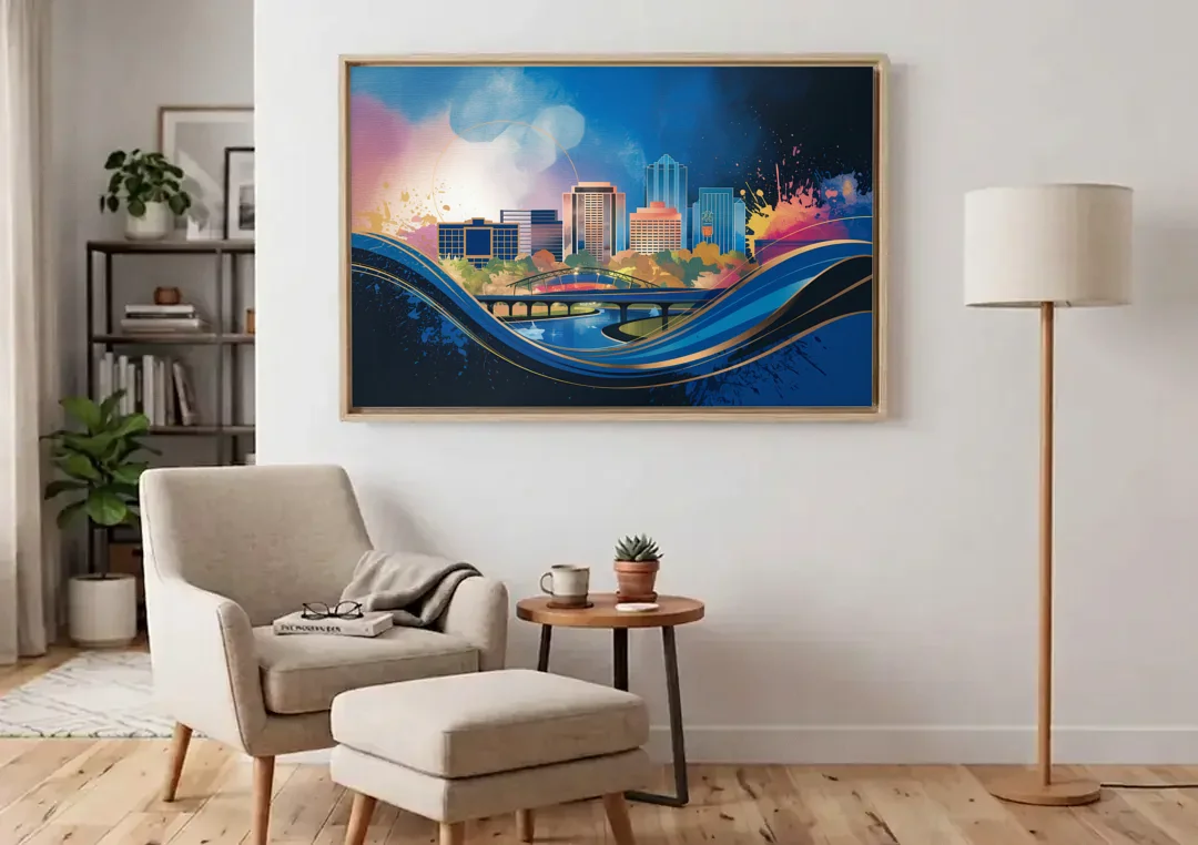 Boise State Skyline canvas wall art above an armchair in a bright living room