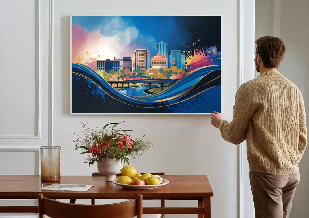 Boise State Skyline canvas wall art above a dining table