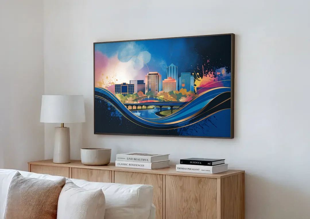 Boise State Skyline canvas wall art above a wooden sideboard next to a sofa