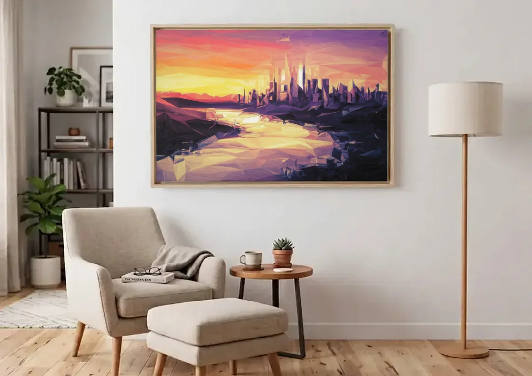 Boise Sunset Serenity canvas wall art above an armchair in a bright living room