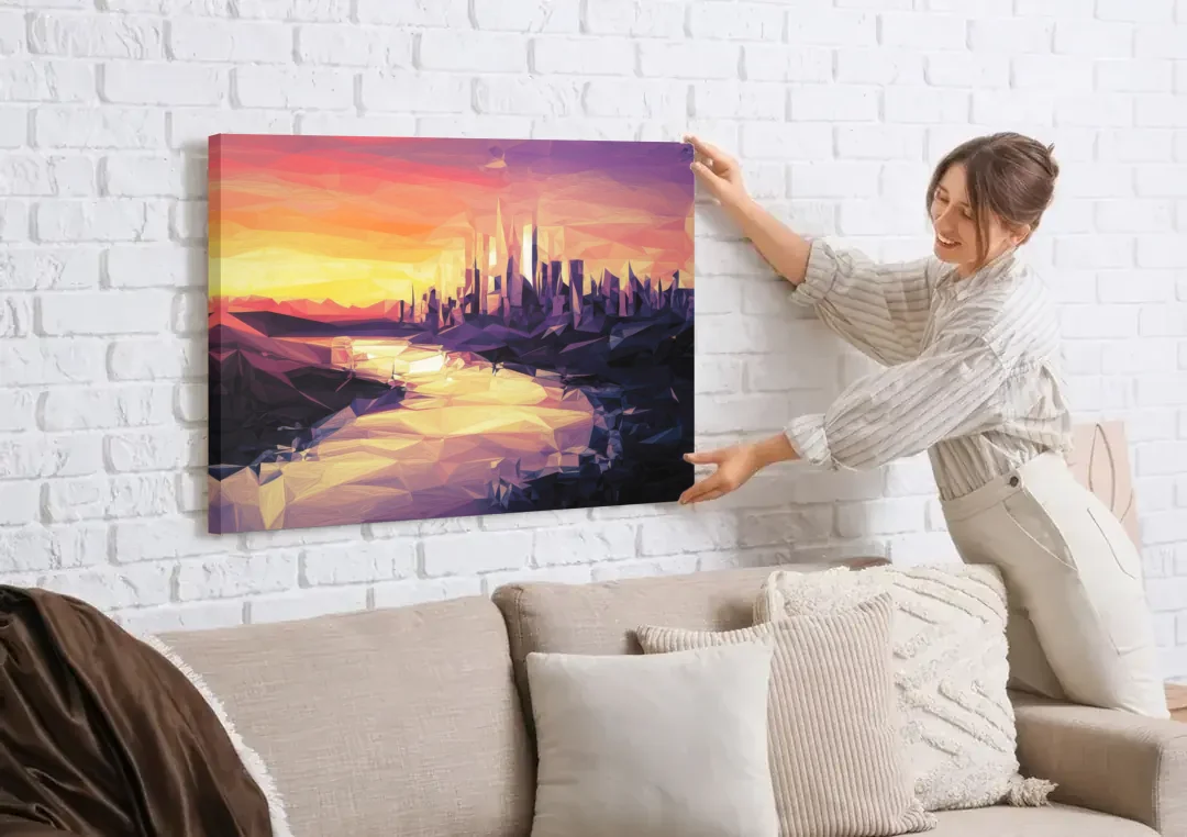 Boise Sunset Serenity canvas wall art being hung on a white brick wall above a sofa