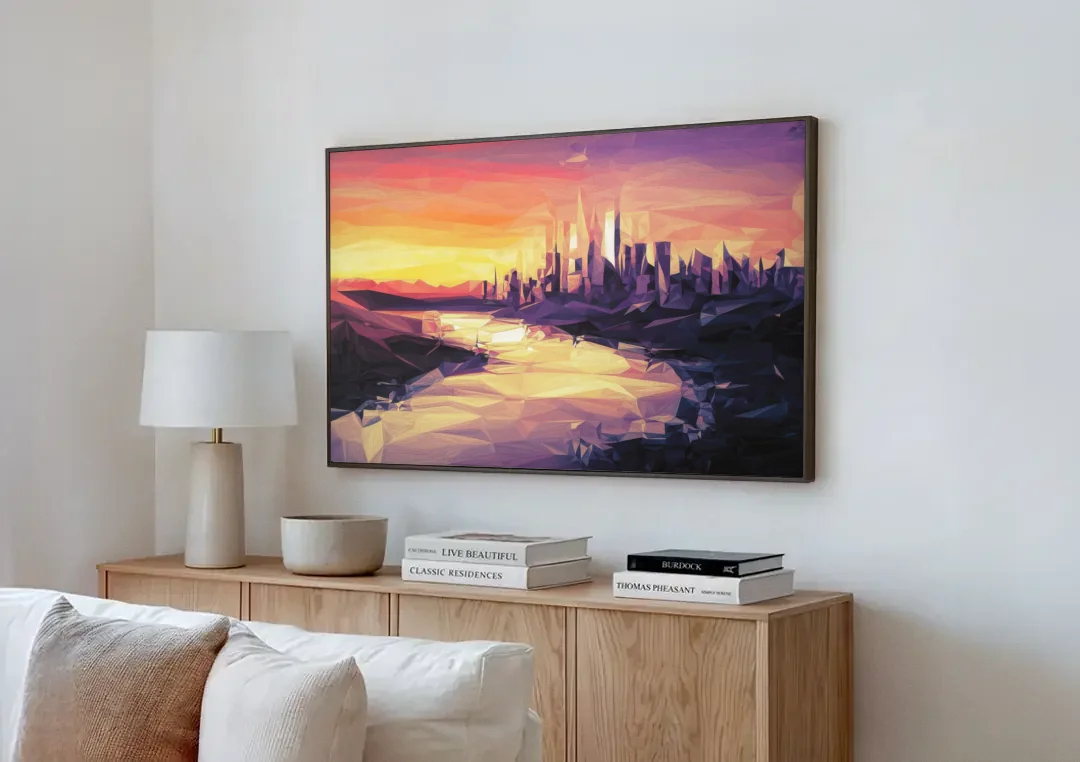 Boise Sunset Serenity canvas wall art above a wooden sideboard next to a sofa