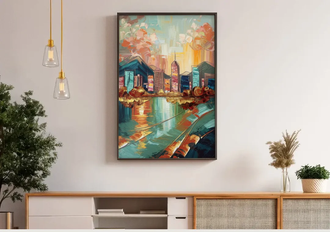 Boise Urban Elegance canvas wall art above a wooden sideboard under pendant lights
