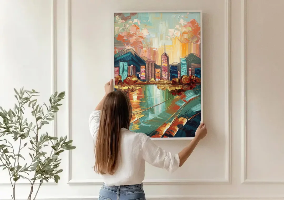 Boise Urban Elegance canvas wall art being hung on a paneled wall