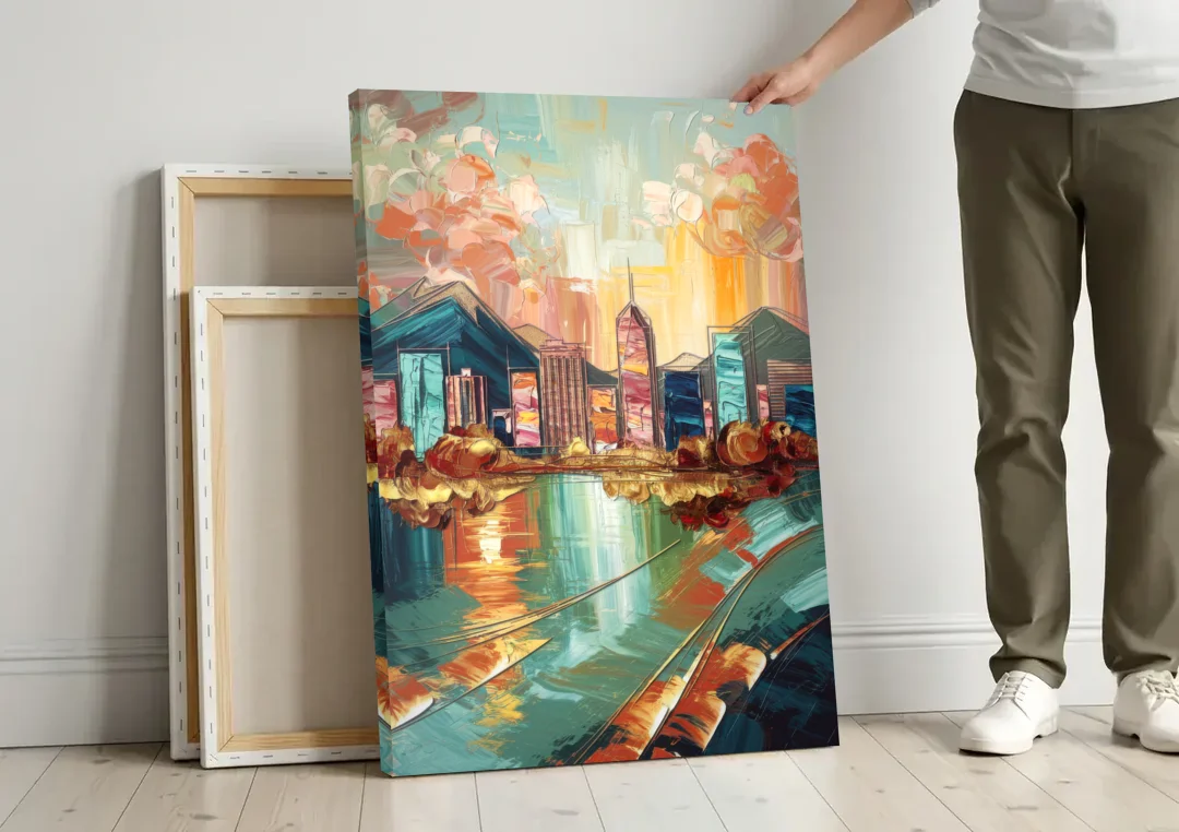 Boise Urban Elegance canvas wall art leaning against a wall next to blank canvases
