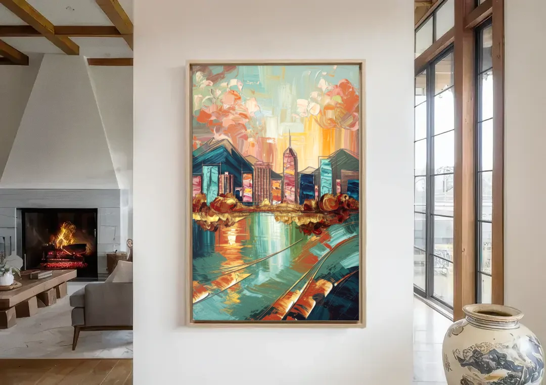Boise Urban Elegance canvas wall art in a living room with a fireplace