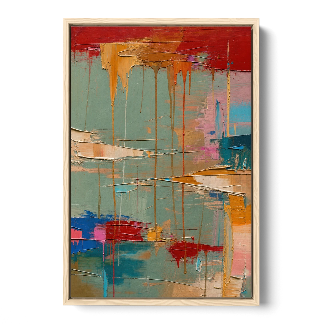 Bold Abstract Cardinal Drip Curtain - Oak Framed Canvas Wall Art - Front