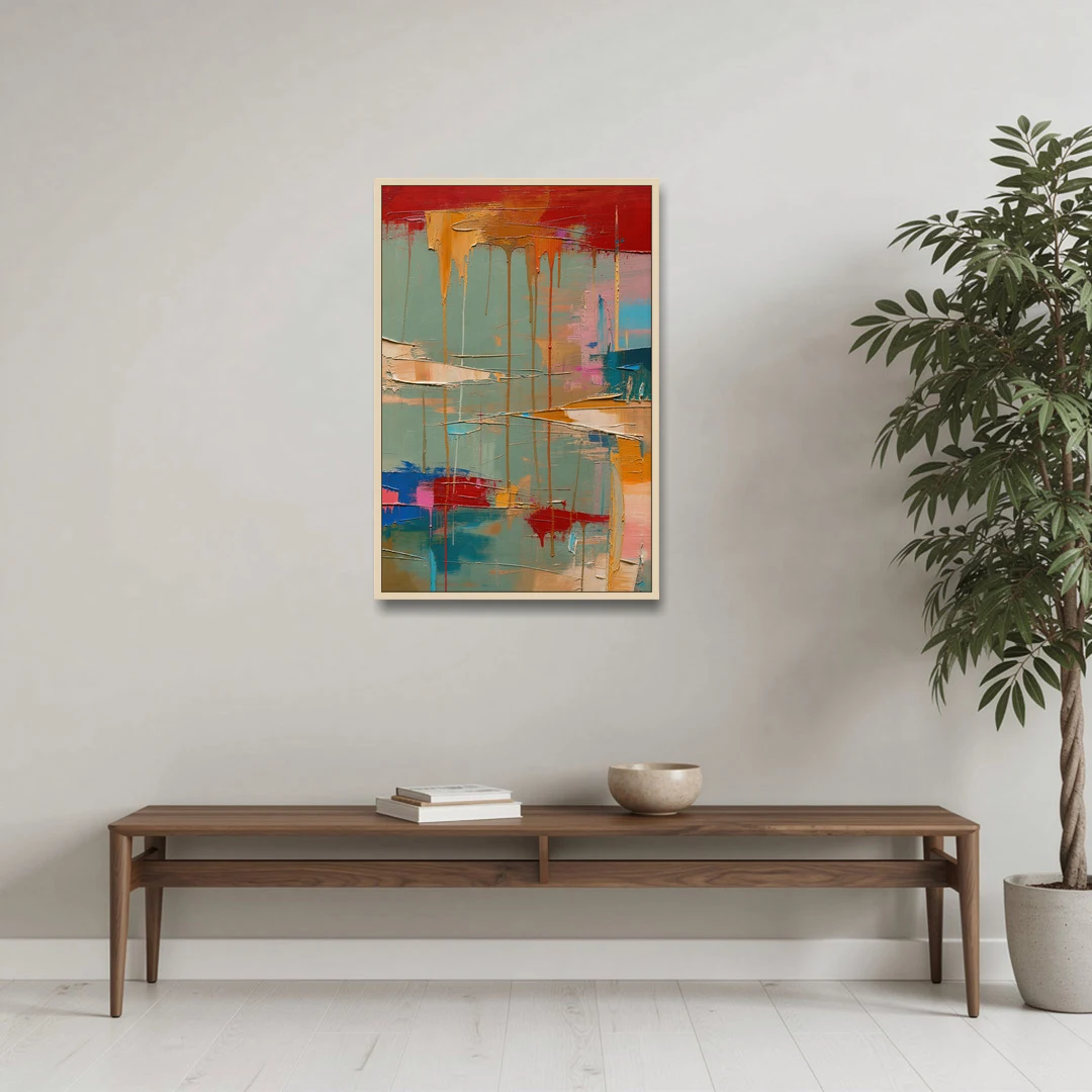 Bold Abstract Cardinal Drip Curtain - Oak Framed Canvas Wall Art - Coffee Table - 24x36