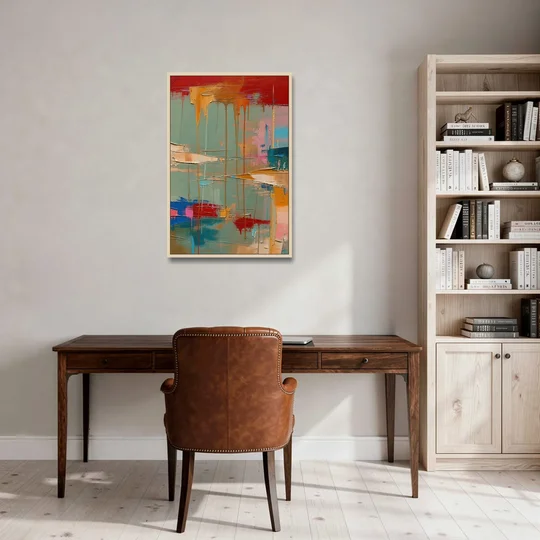 Bold Abstract Cardinal Drip Curtain - Oak Framed Canvas Wall Art - Office - 24x36