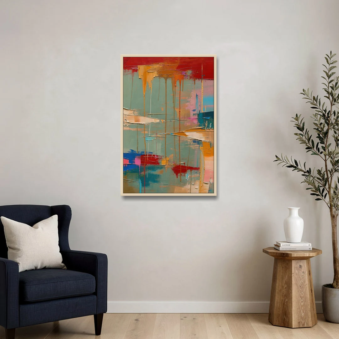 Bold Abstract Cardinal Drip Curtain - Oak Framed Canvas Wall Art - Sofa - 24x36