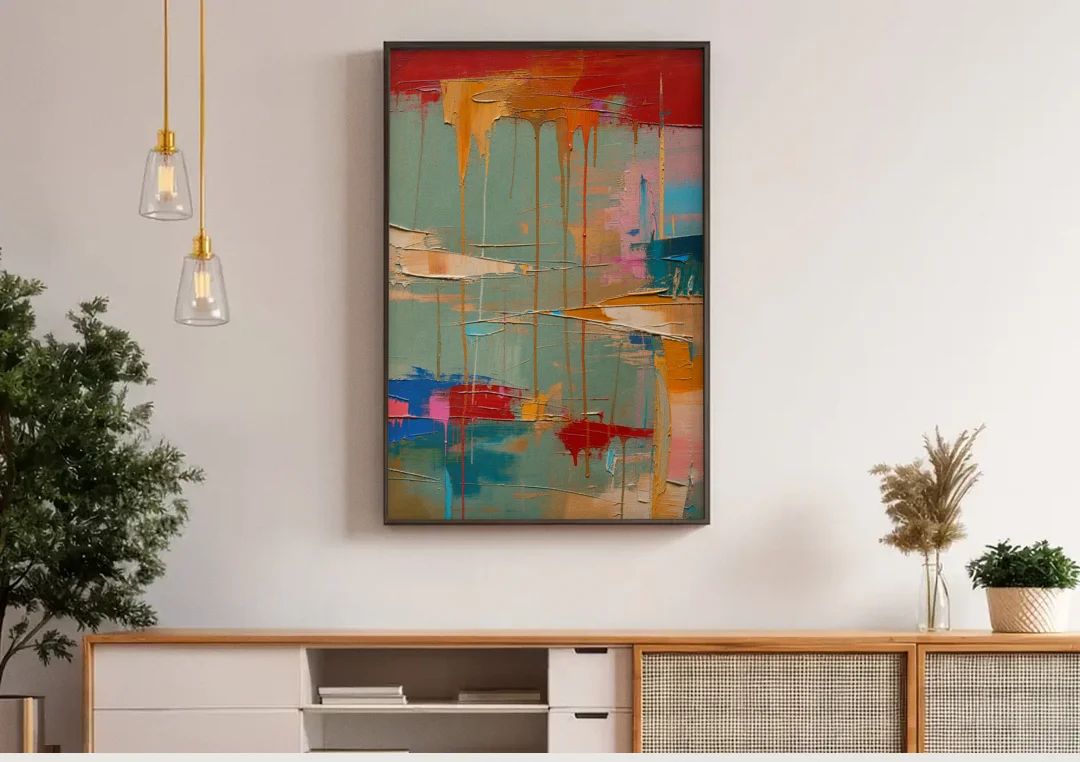Bold Abstract Cardinal Drip Curtain canvas wall art above a wooden sideboard under pendant lights