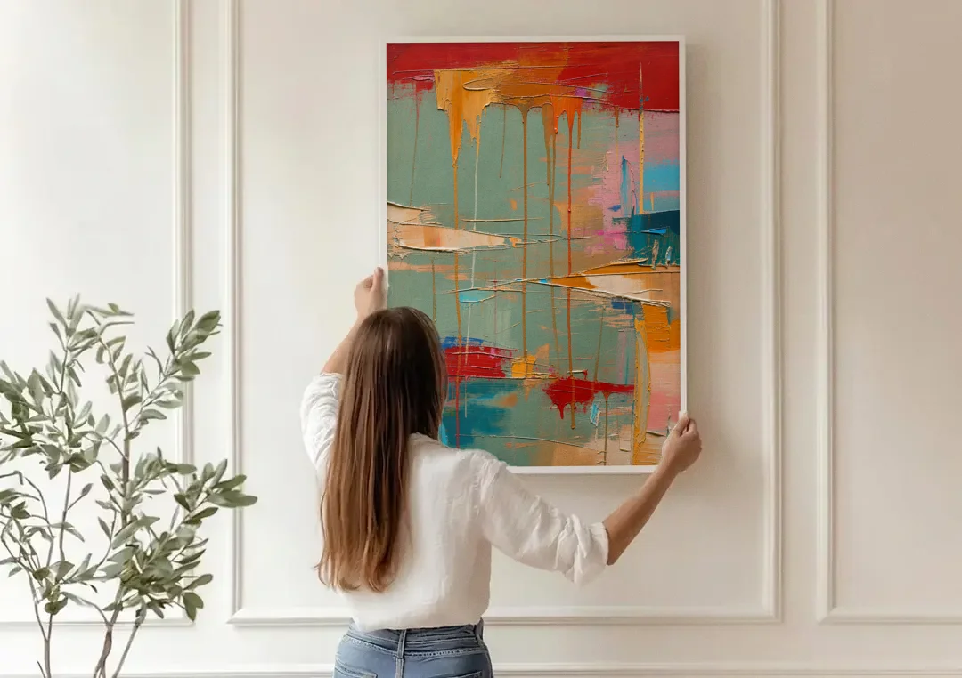 Bold Abstract Cardinal Drip Curtain canvas wall art being hung on a paneled wall