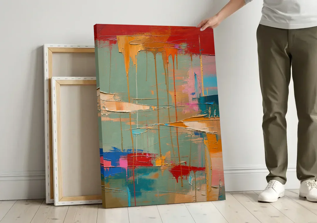 Bold Abstract Cardinal Drip Curtain canvas wall art leaning against a wall next to blank canvases