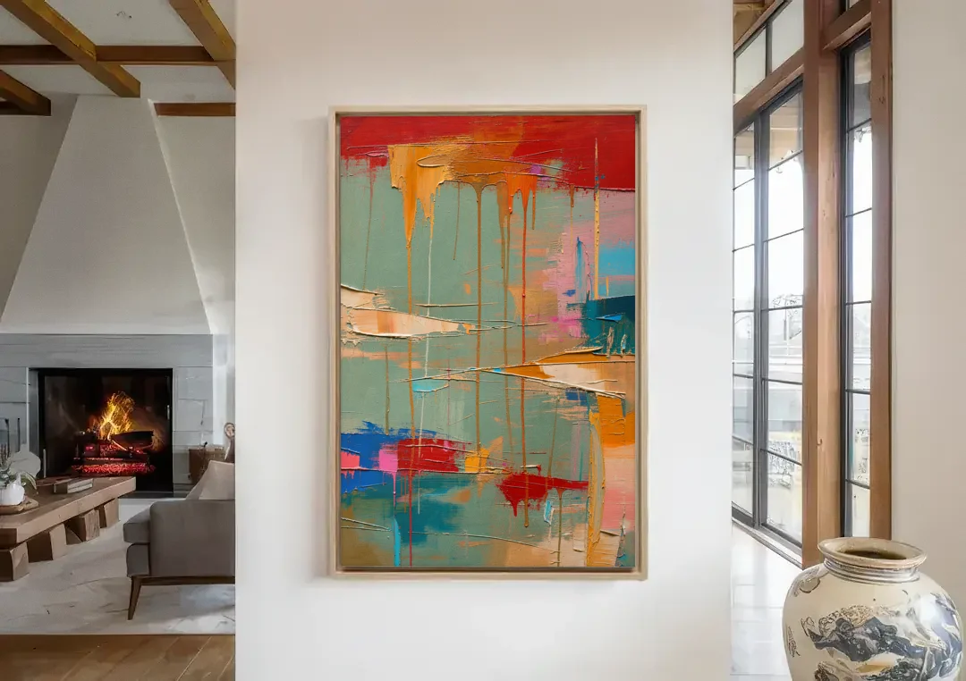 Bold Abstract Cardinal Drip Curtain canvas wall art in a living room with a fireplace