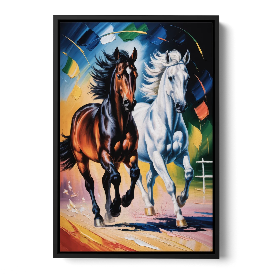 Bold Black and White Horse Duo - Black Framed Canvas Wall Art - Front