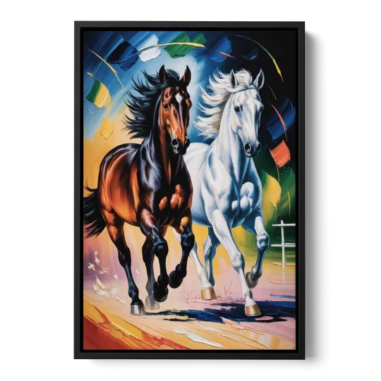 Bold Black and White Horse Duo - Black Framed Canvas Wall Art - Front