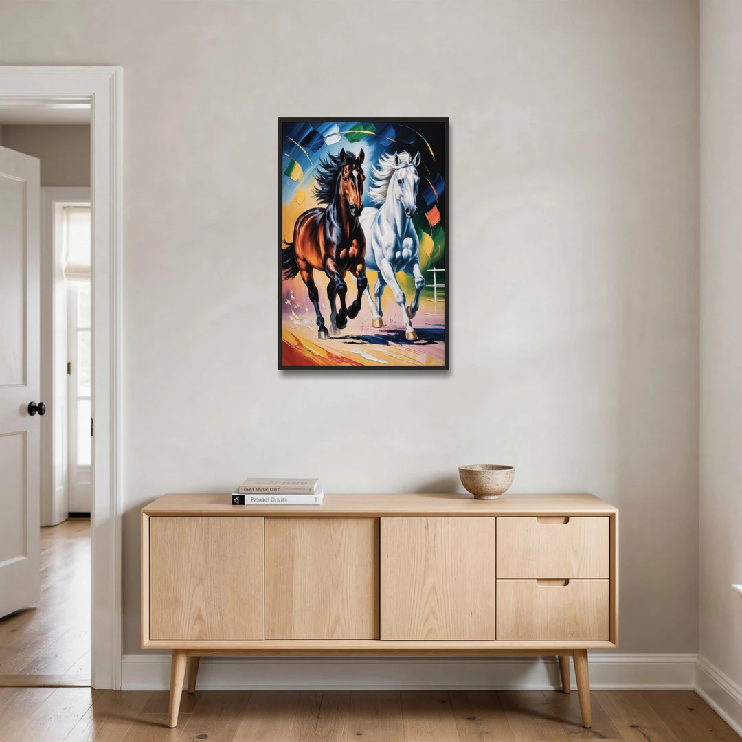 Bold Black and White Horse Duo - Black Framed Canvas Wall Art - Coffee Table - 24x36