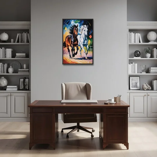 Bold Black and White Horse Duo - Black Framed Canvas Wall Art - Office - 24x36