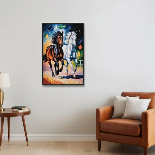 Bold Black and White Horse Duo - Black Framed Canvas Wall Art - Sofa - 24x36