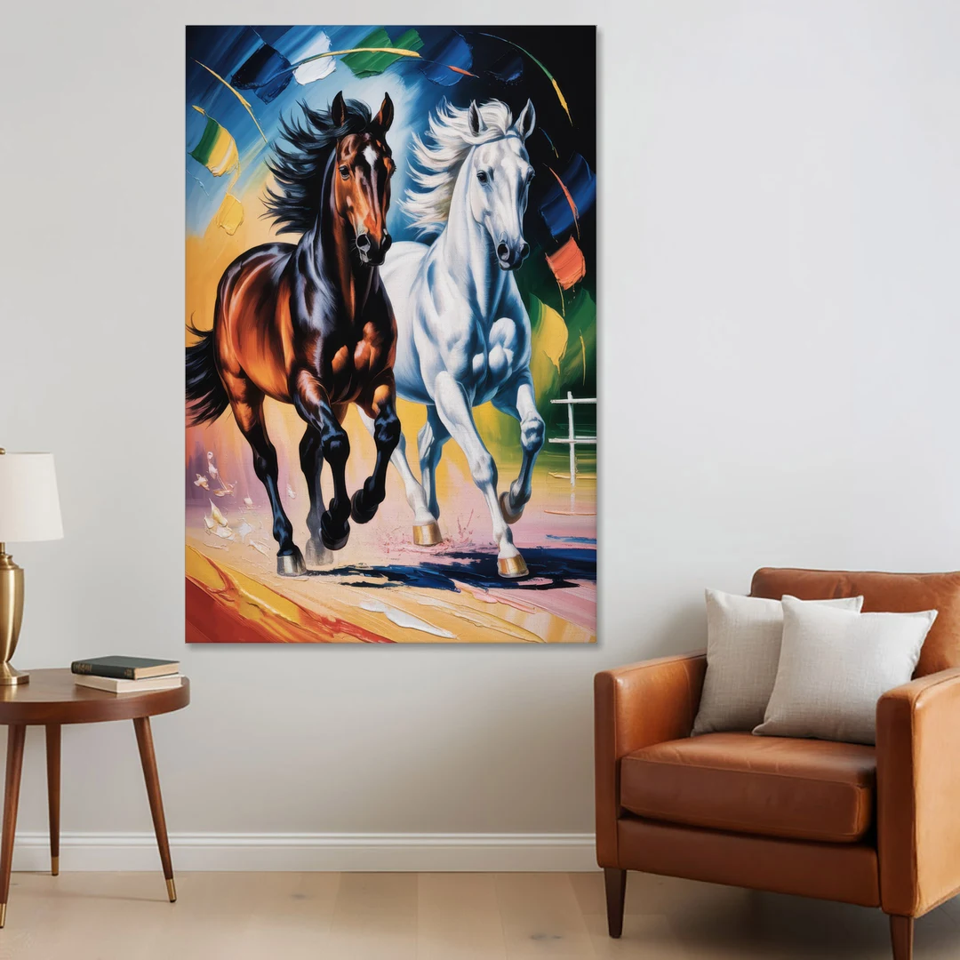 Bold Black and White Horse Duo - Canvas Wall Art - Sofa - 40x60