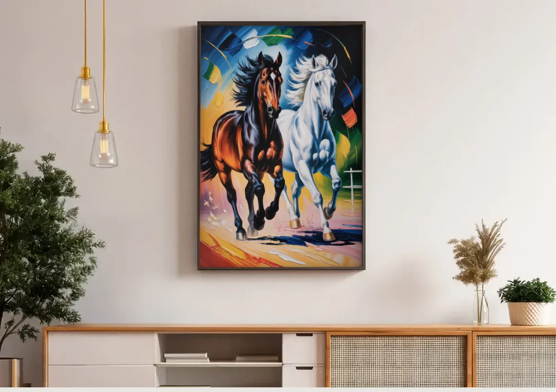 Bold Black and White Horse Duo canvas wall art above a wooden sideboard under pendant lights