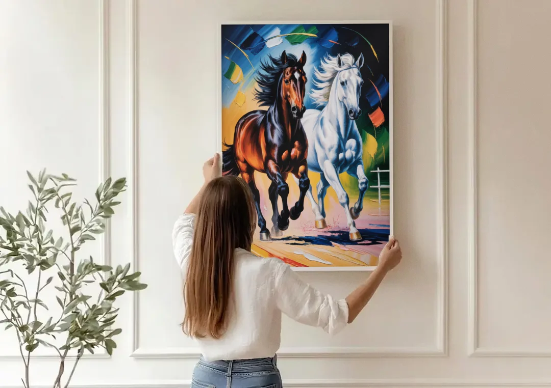 Bold Black and White Horse Duo canvas wall art being hung on a paneled wall