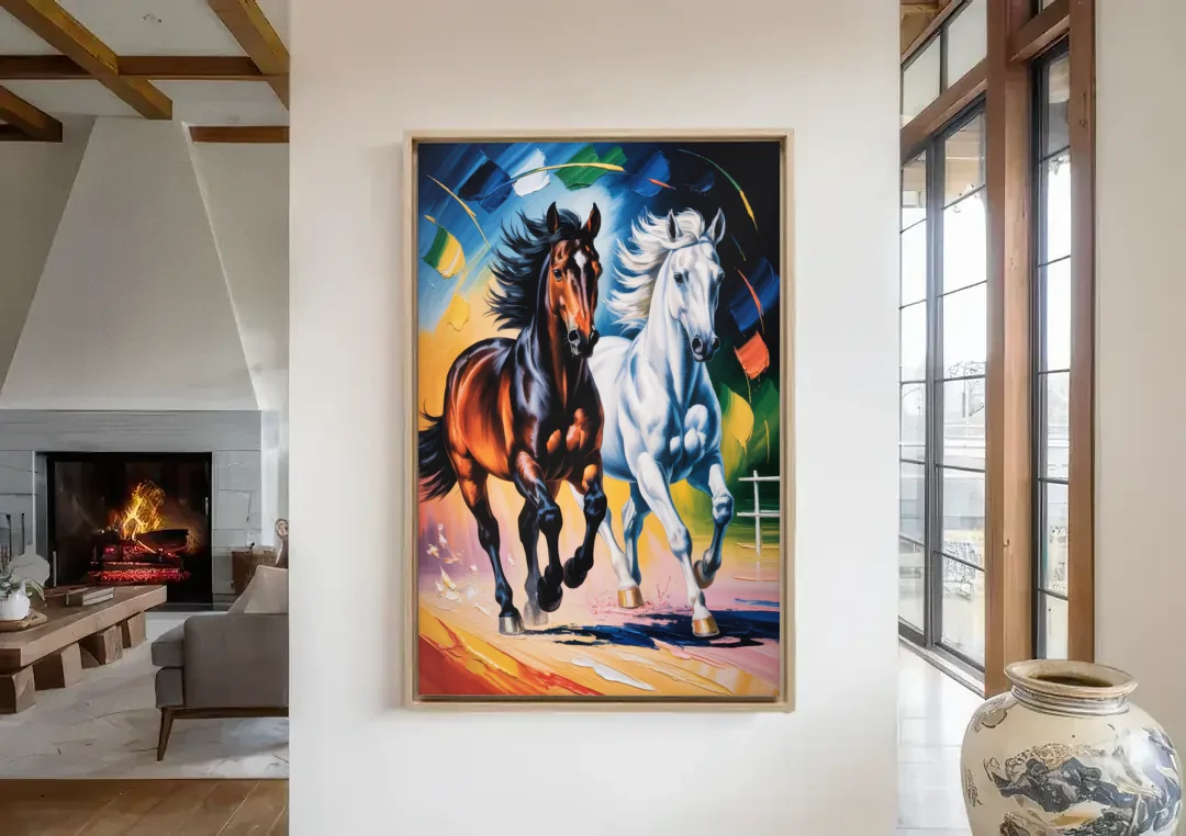 Bold Black and White Horse Duo canvas wall art in a living room with a fireplace