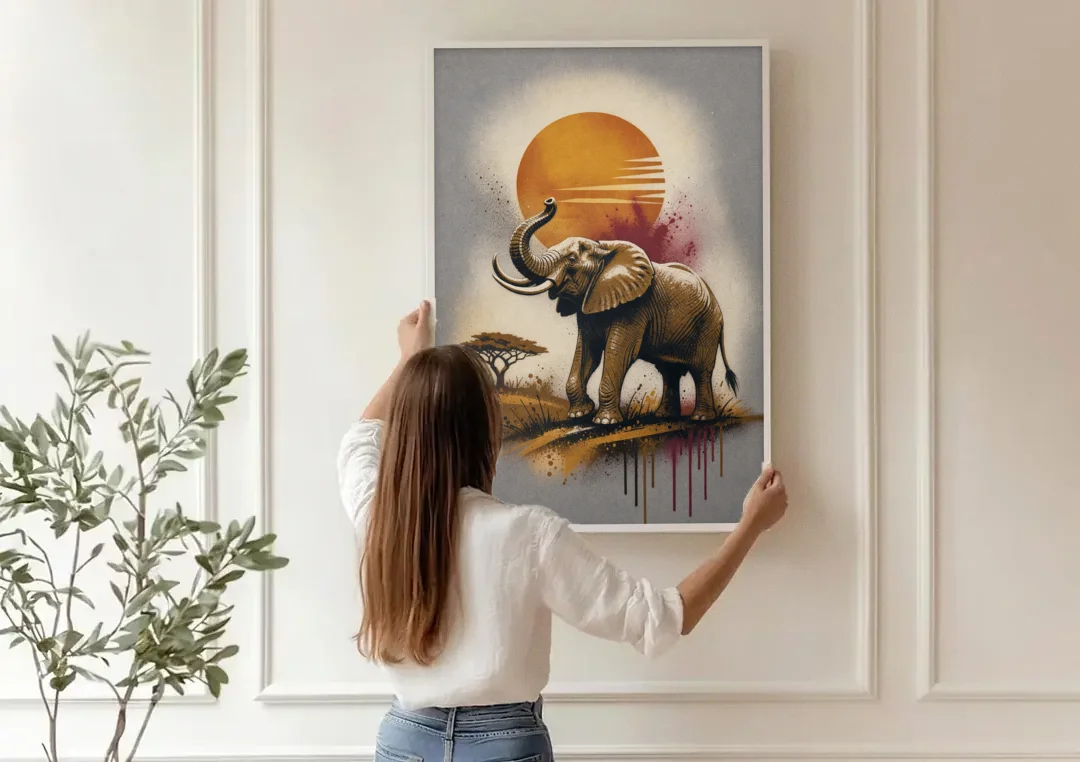 Bold Elephant Majesty canvas wall art being hung on a paneled wall