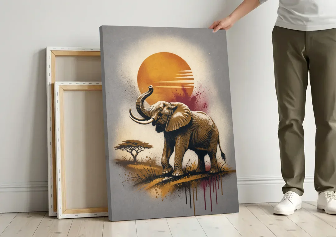 Bold Elephant Majesty canvas wall art leaning against a wall next to blank canvases