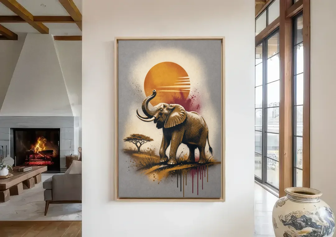 Bold Elephant Majesty canvas wall art in a living room with a fireplace