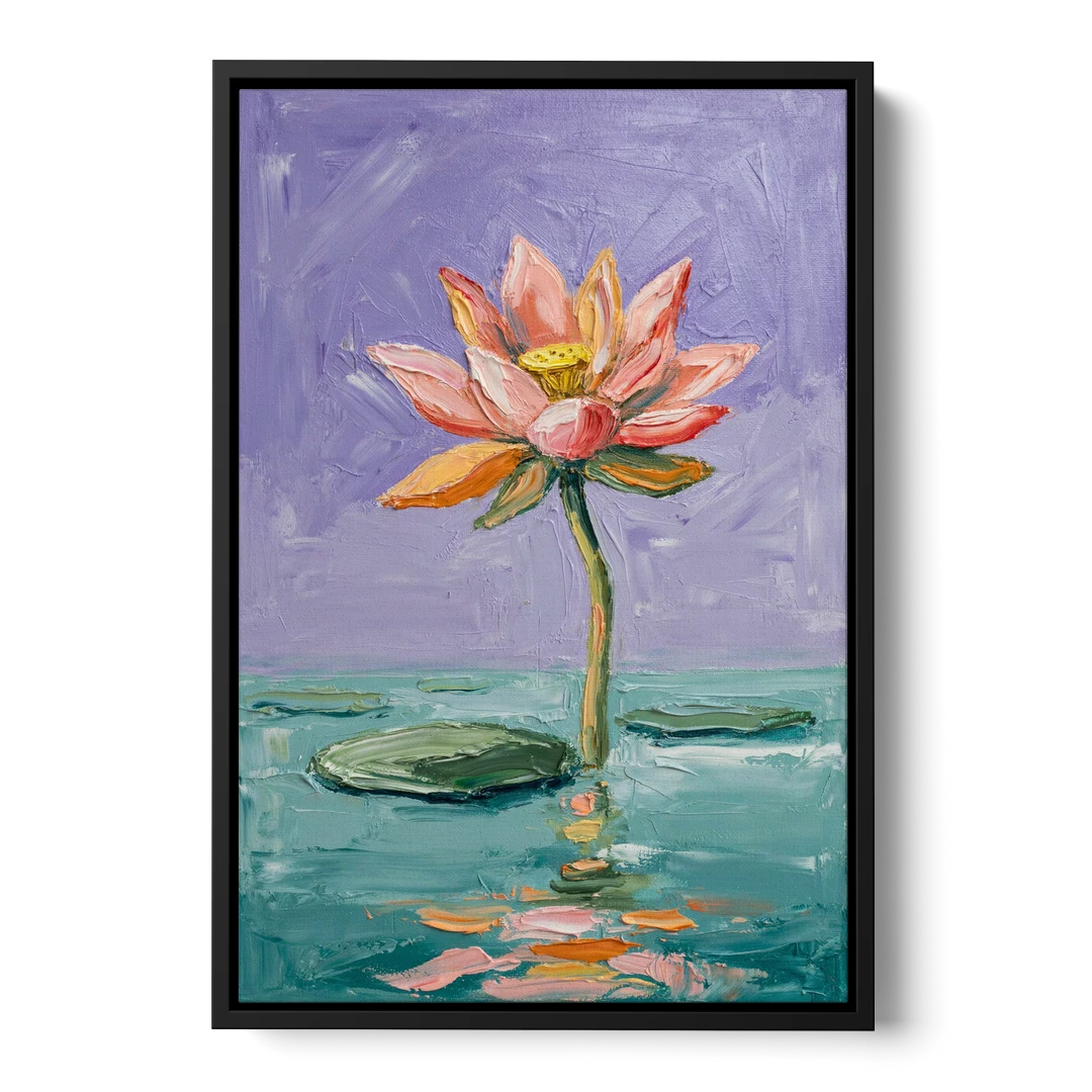 Bold Floral Wall Art Lotus Over Teal Water - Black Framed Canvas Wall Art - Front