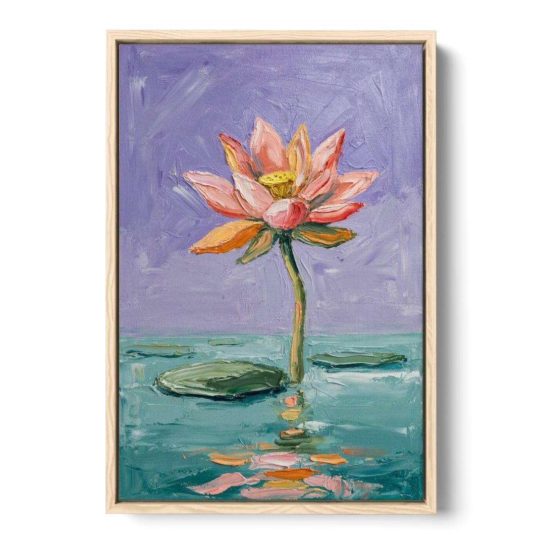 Bold Floral Wall Art Lotus Over Teal Water - Oak Framed Canvas Wall Art - Front