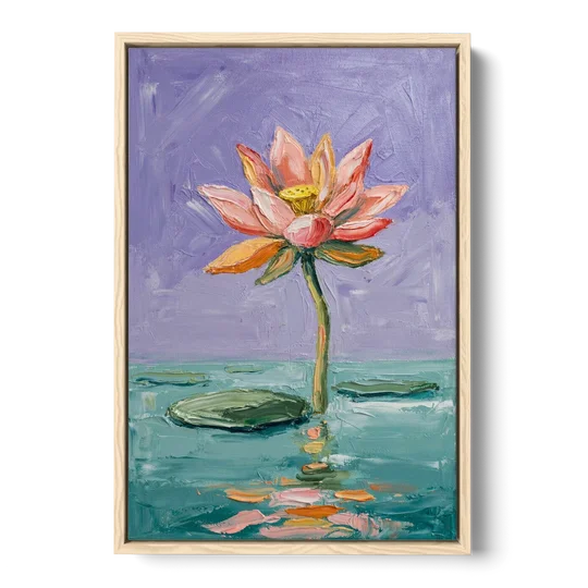 Bold Floral Wall Art Lotus Over Teal Water - Oak Framed Canvas Wall Art - Front