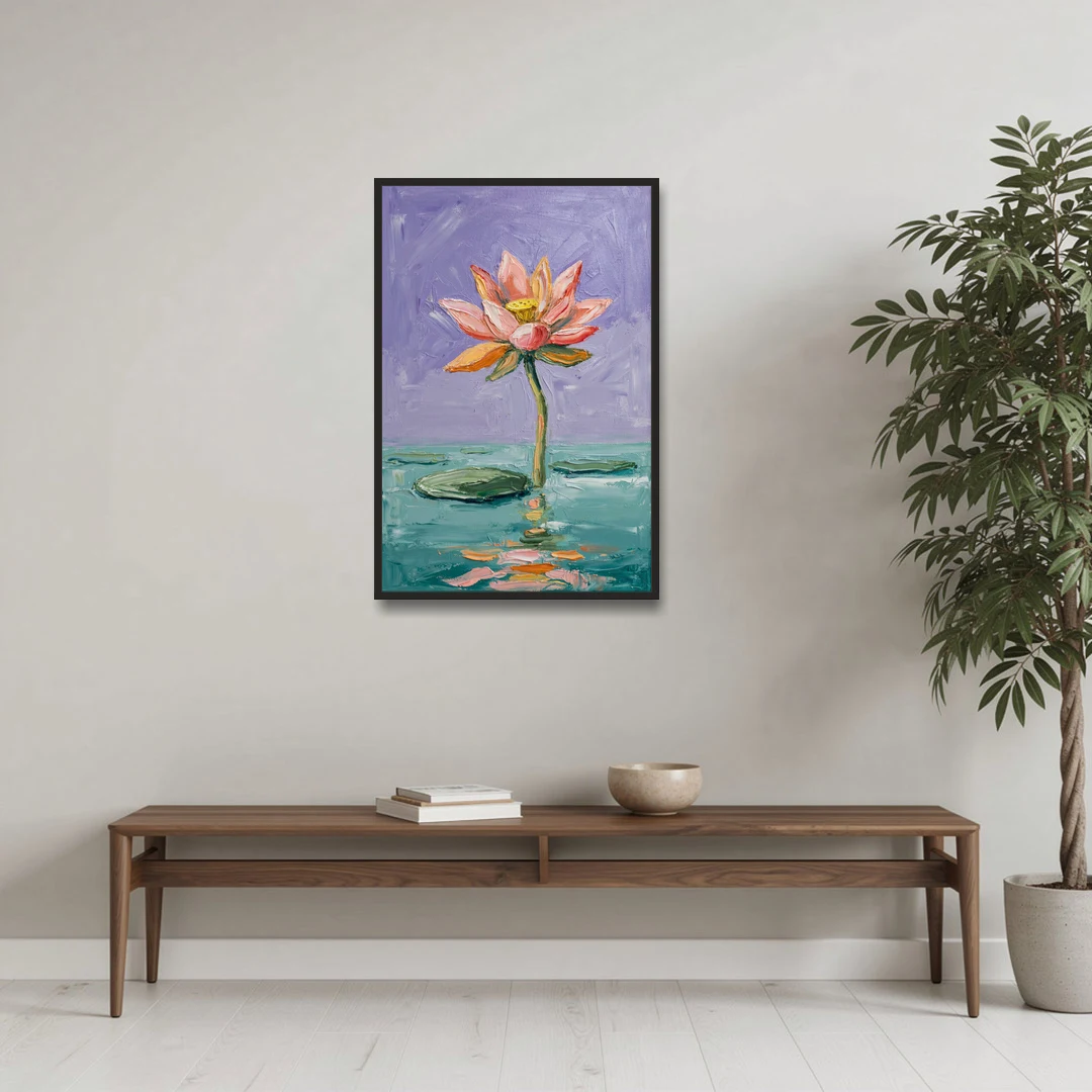 Bold Floral Wall Art Lotus Over Teal Water - Black Framed Canvas Wall Art - Coffee Table - 24x36
