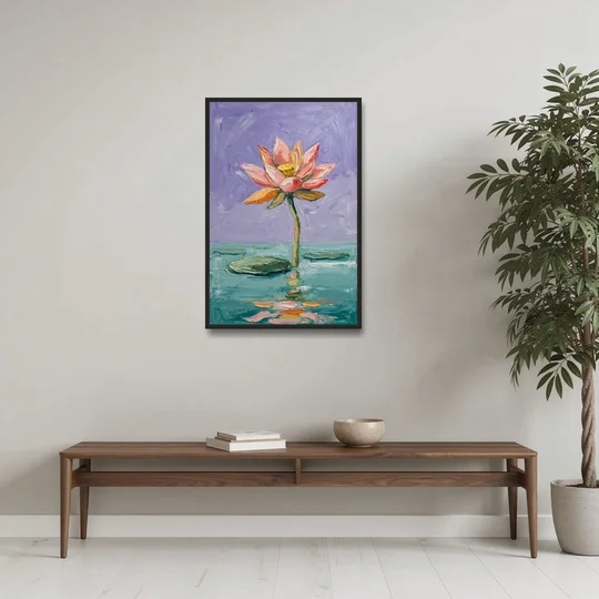 Bold Floral Wall Art Lotus Over Teal Water - Black Framed Canvas Wall Art - Coffee Table - 24x36