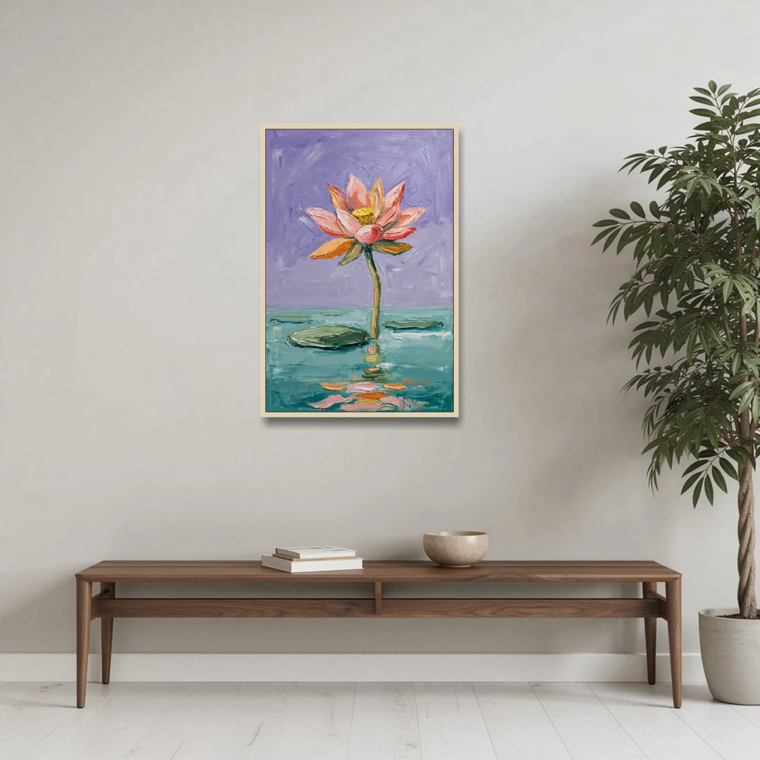 Bold Floral Wall Art Lotus Over Teal Water - Oak Framed Canvas Wall Art - Coffee Table - 24x36