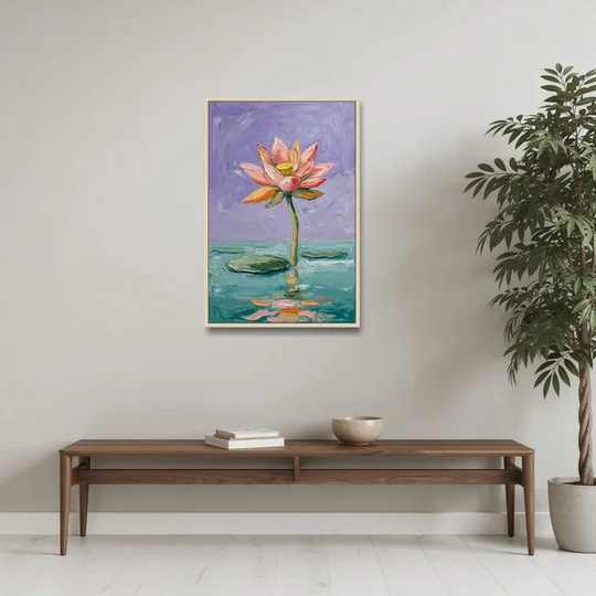 Bold Floral Wall Art Lotus Over Teal Water - Oak Framed Canvas Wall Art - Coffee Table - 24x36