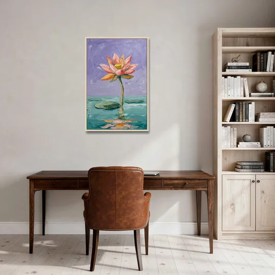 Bold Floral Wall Art Lotus Over Teal Water - Oak Framed Canvas Wall Art - Office - 24x36