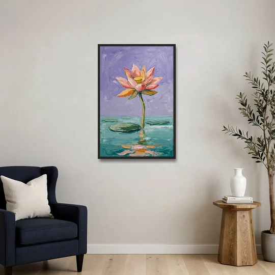 Bold Floral Wall Art Lotus Over Teal Water - Black Framed Canvas Wall Art - Sofa - 24x36